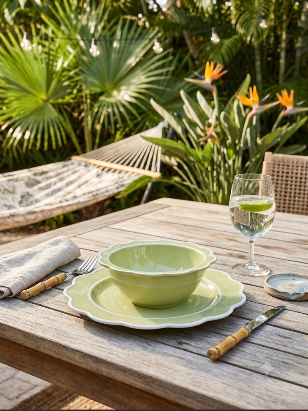 Green Bowl and Plate Set 8 dinner set melamin BEAUTIFUL SCALLOPS OUTDOOR - Picture 2 of 3